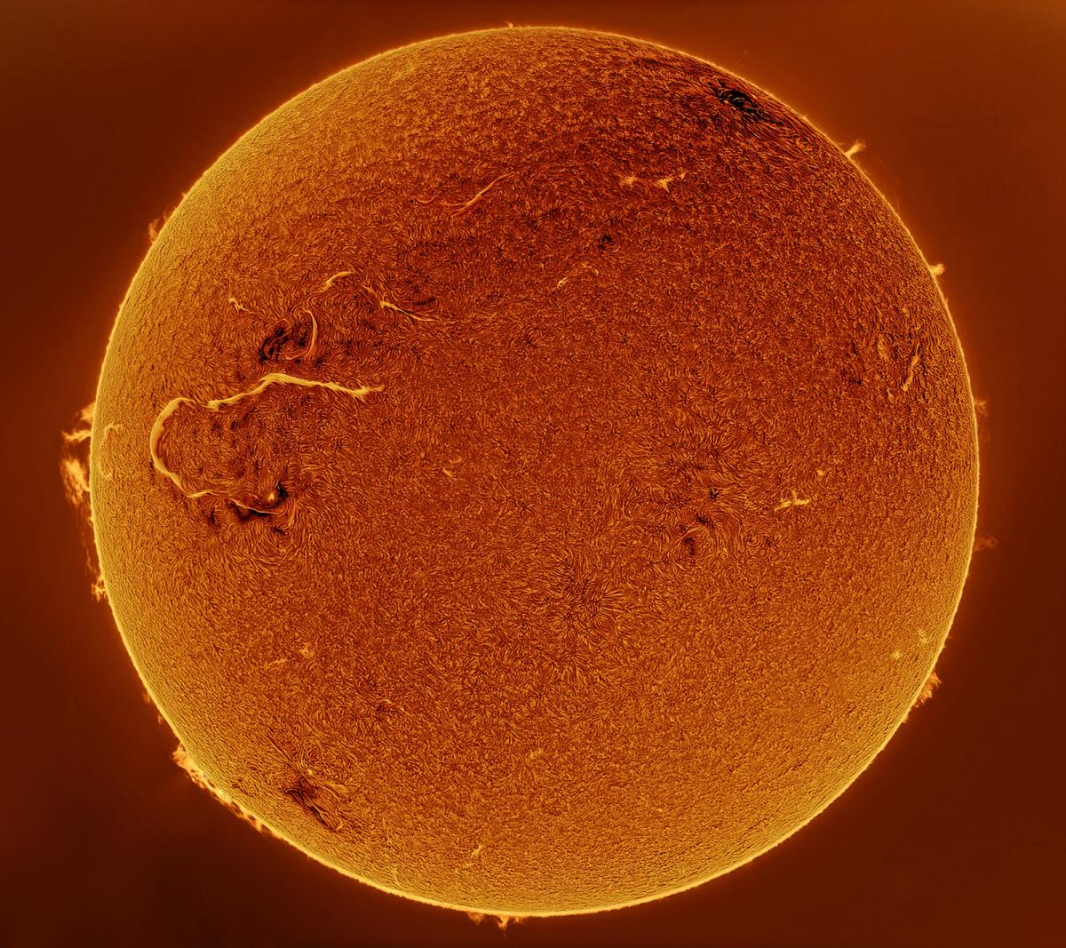 Parlak turuncu bir güneş görüntüyü dolduruyor. Büyük bir güneş patlaması yıldızın sol tarafında bir yara izi gibi uzanıyor