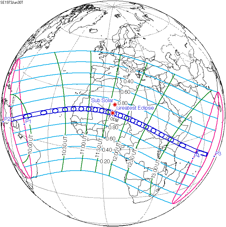 Dünya'nın 30 Haziran 1973 güneş tutulması yolunu gösteren bir haritası